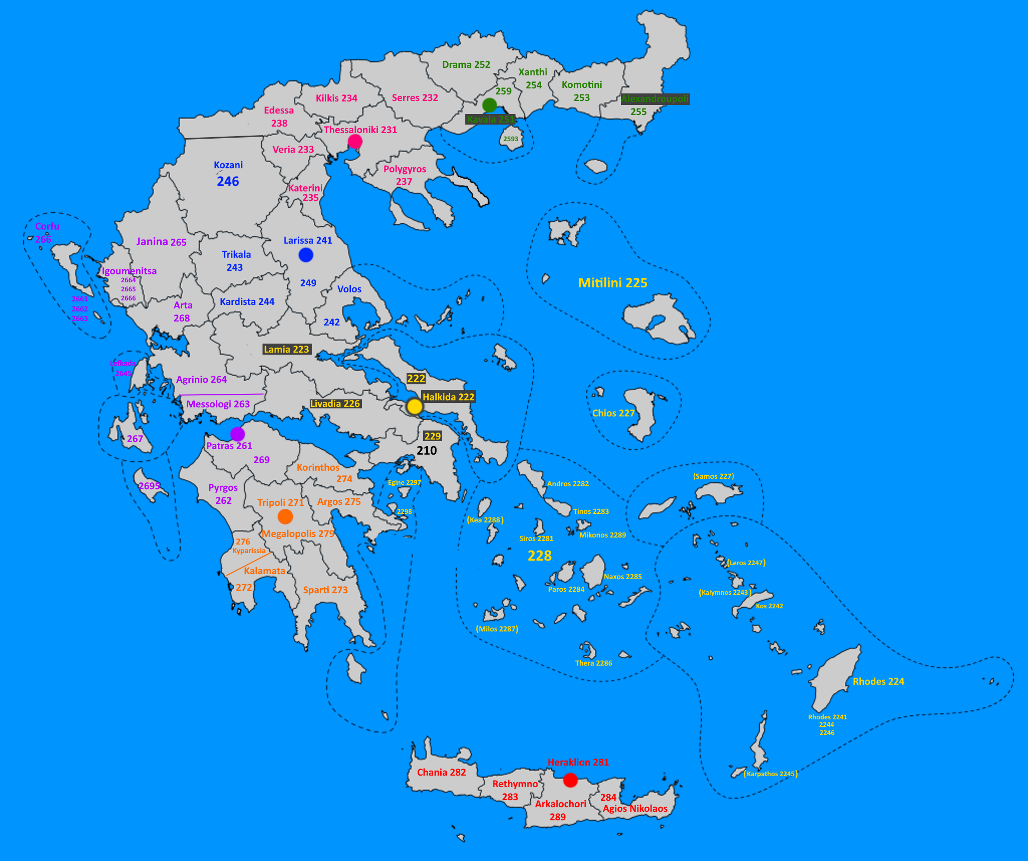 carte détaillée des numéros de téléphone en Grèce